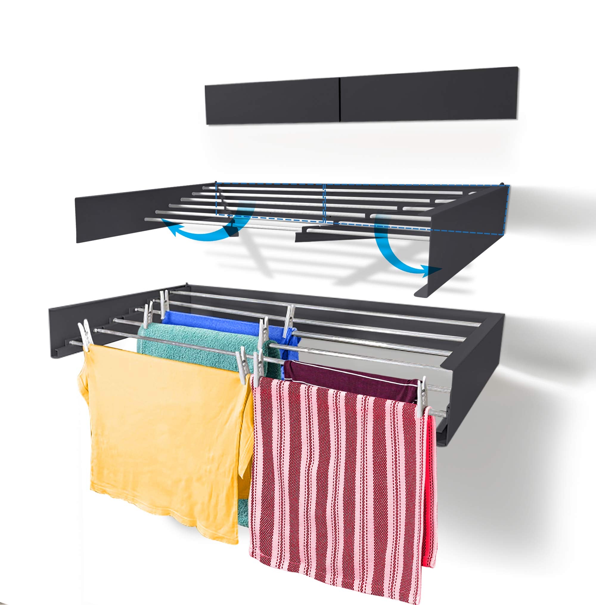 The wall-mounted clothes drying rack is retractable and foldable to sa