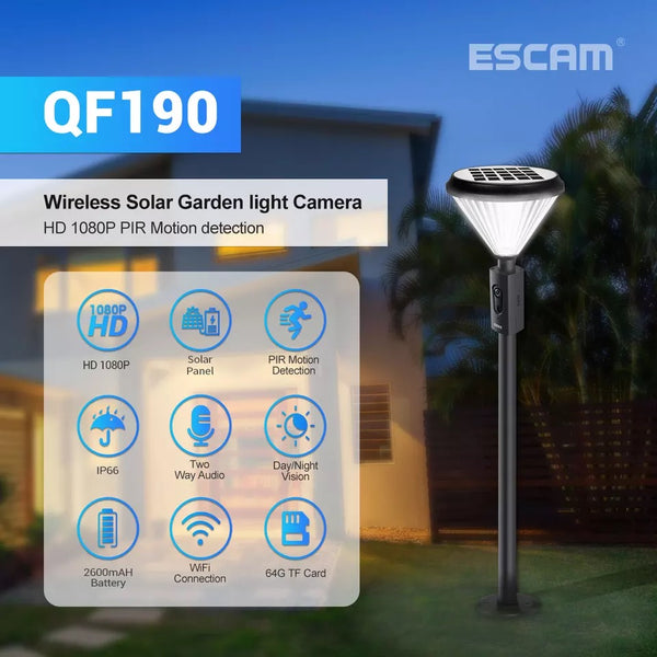 ESCAM QF190 Wireless Solar Garden Camera HD 1080P PIR Motion detection