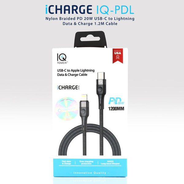 iq touch icharge iq-pdl nylon braided pd 20w usb-c to lightning data &amp; charge 1.2m cable
