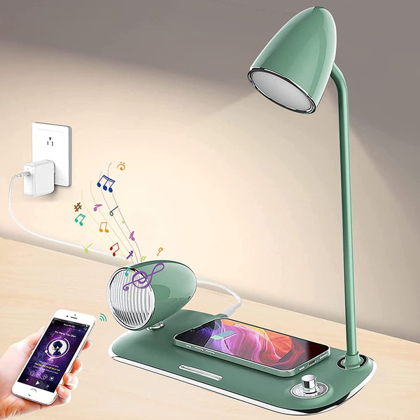 LED Desk Lamp with Wireless Charger, Music Bedside Lamp with 15W Bluetooth Speaker, 3 in 1 Bedside Table Lamp Dimmable Wireless Charging Night Stand Lamps for Study,Home,Office