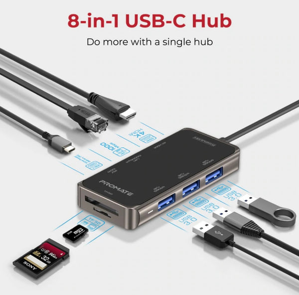 PROMATE PrimeHub-Mini Ultra-Compact 8 in 1 USB-C Hub with 100W Power Delivery
