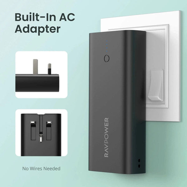 Portable charger and wall charger with a capacity of 20 watts and a battery capacity of 10000 mAh from RAVPOWER