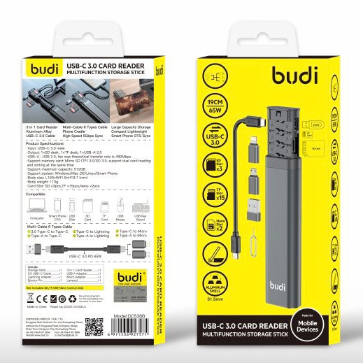 Budi is a multifunctional card reader and storage stick designed for mobile devices