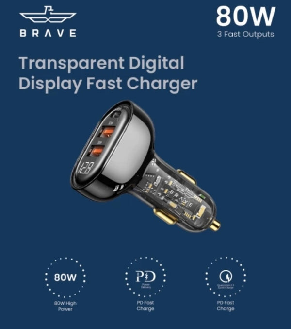 BRAVE 3-port 80W fast car charger with transparent digital display
