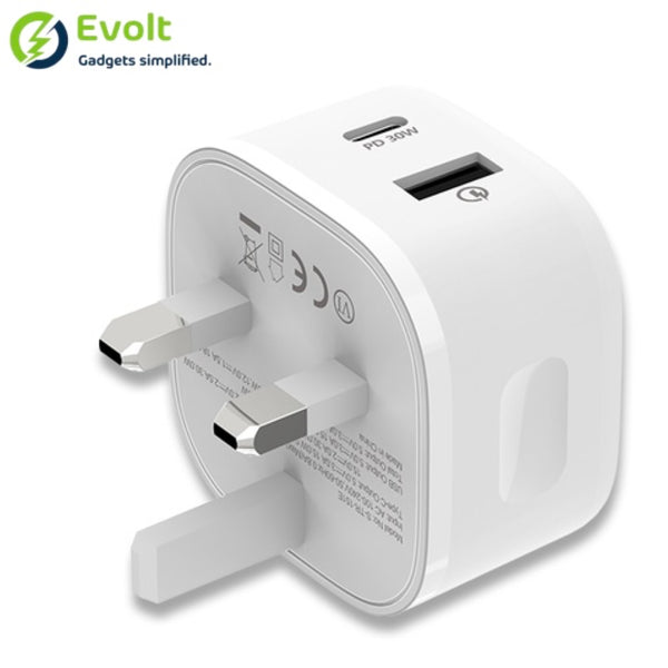 Evolt 30W PD DUAL USB TRAVEL CHARGER With Type-C to Lightning Cable