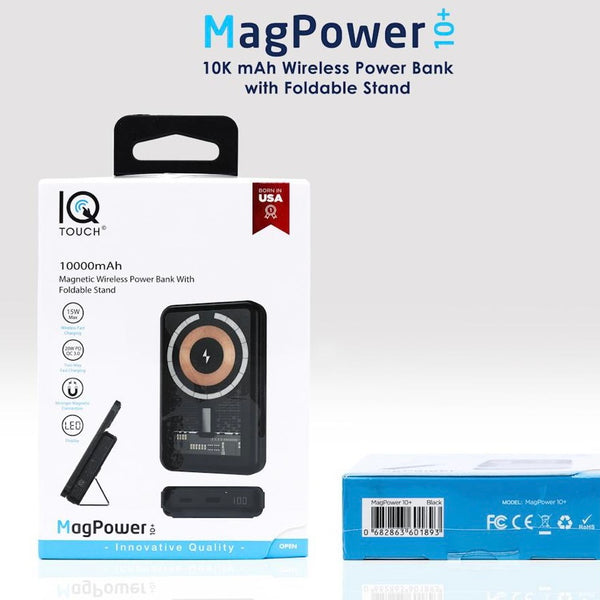 iq touch magpower 10+ 10k mah wireless power bank with foldable stand